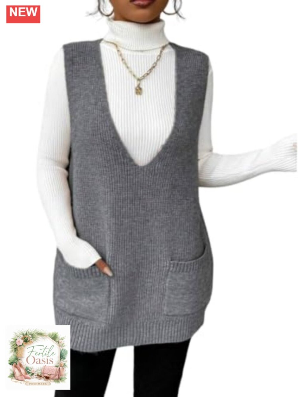 Sleeveless Knit Sweater Vest V-Neck Tunic Top with Pockets Casual Loose